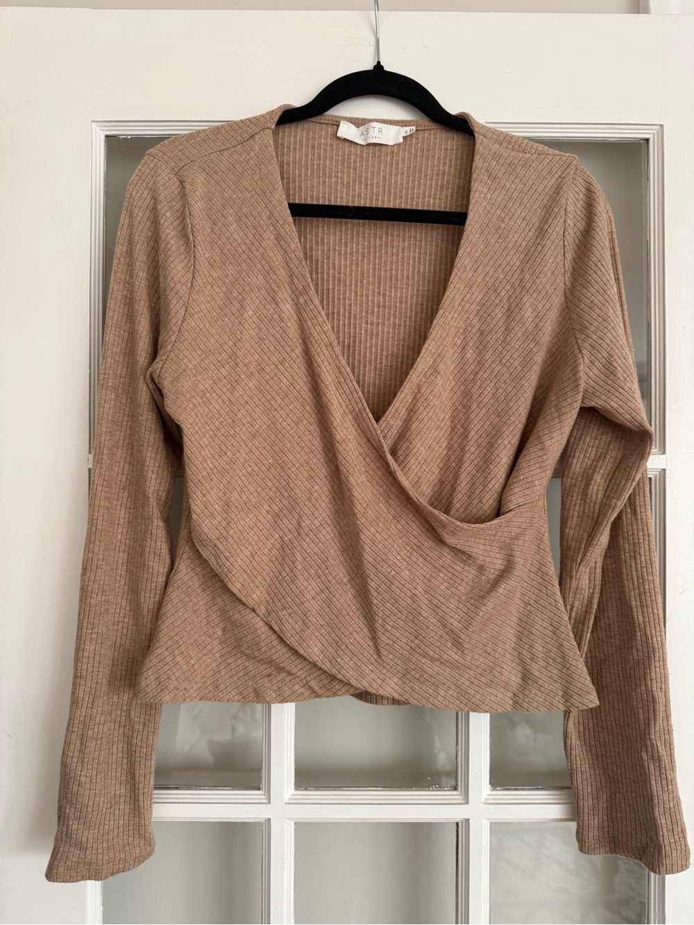 Astr Ribbed Wrap V-Neck Sweater in Camel